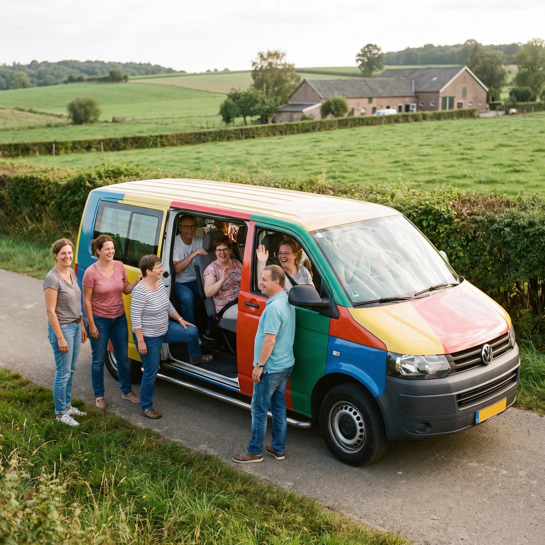 Een vrolijk busje met bewoners en begeleiders op weg naar een uitstapje.