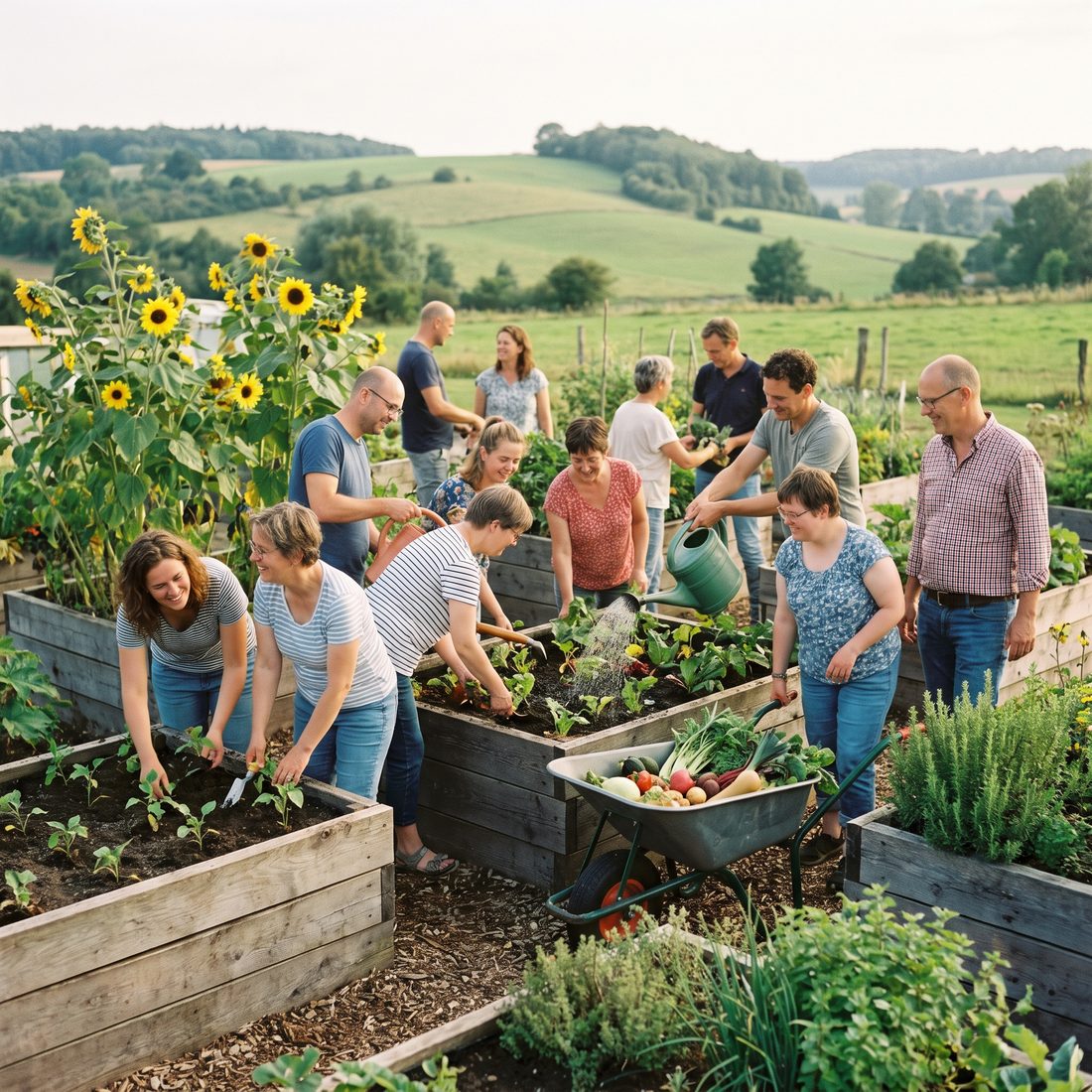 Bewoners en begeleiders werken samen in een groene moestuin.